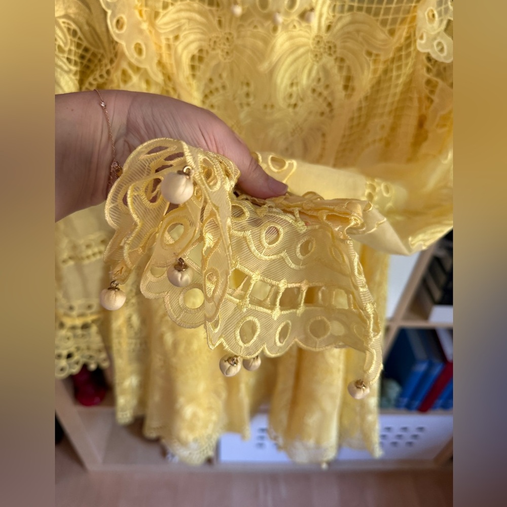 Vintage Bright Yellow Lace Long-Sleeve Fit-and-Flare Dress - Picture 3 of 16